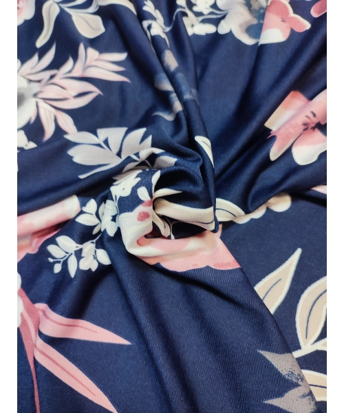 Granatowa elastyczna dzianina Jersey - pudrowe kwiaty - kupon 2,40m